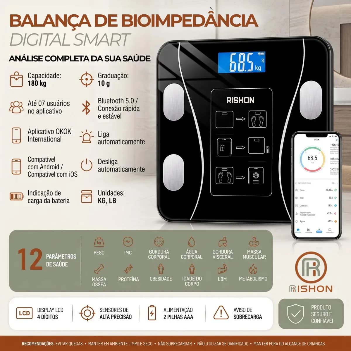 Balança Bioimpedância Digital Smart 180kg com App